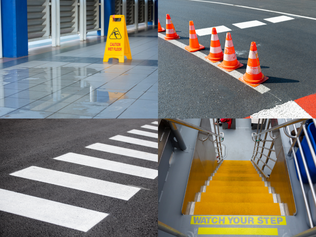 4 examples of open and obvious: Wet floor sign, construction cones, crosswalk, watch your step sign