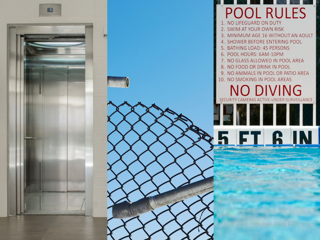 Three types of hazards: an elevator, a broken chain link fence and a pool.