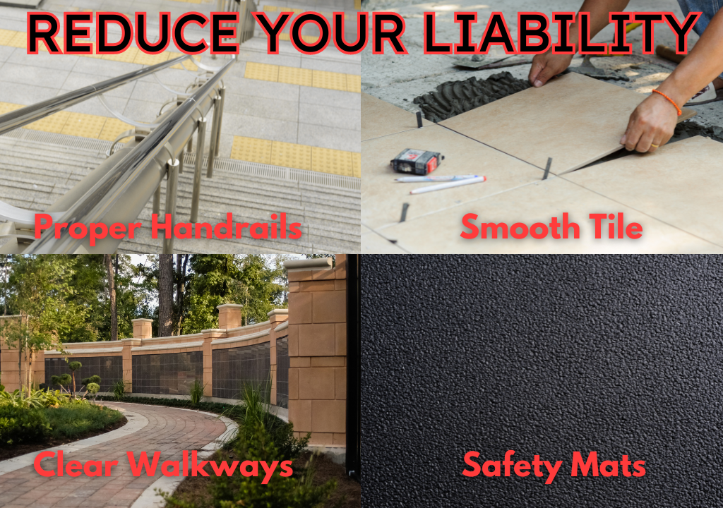 Image showing ways to prevent slip and fall: a handrail, a person installing tile correctly, a clear outdoor walkway, a safety mat.